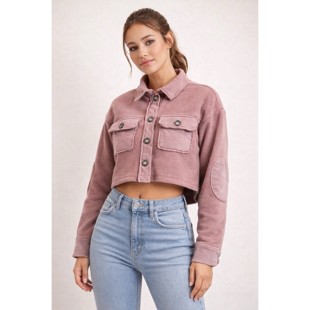 Altar'd State Women's Cropped Mauve Fleece Shacket XS Button Front